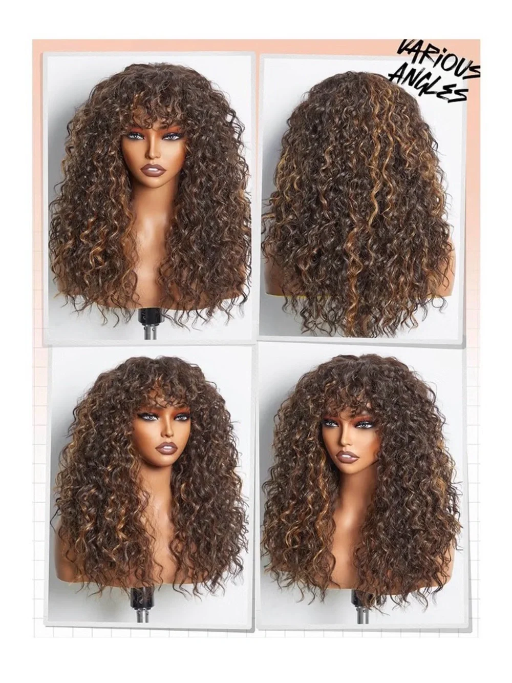 NEW Wavy Curly Brown Highlight Wig with Bangs - Women Veralux blend human hair